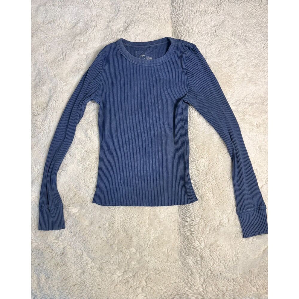 Aerie Blue Ribbed Long Sleeve Top Size M Fitted Crew Neck Y2K Basic